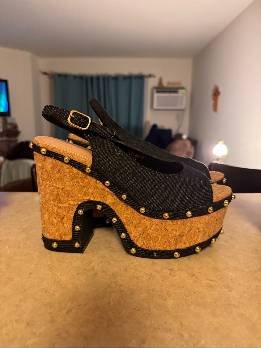 Black Canvas Cork heel Platform Slingback Heels with Stud Detail
